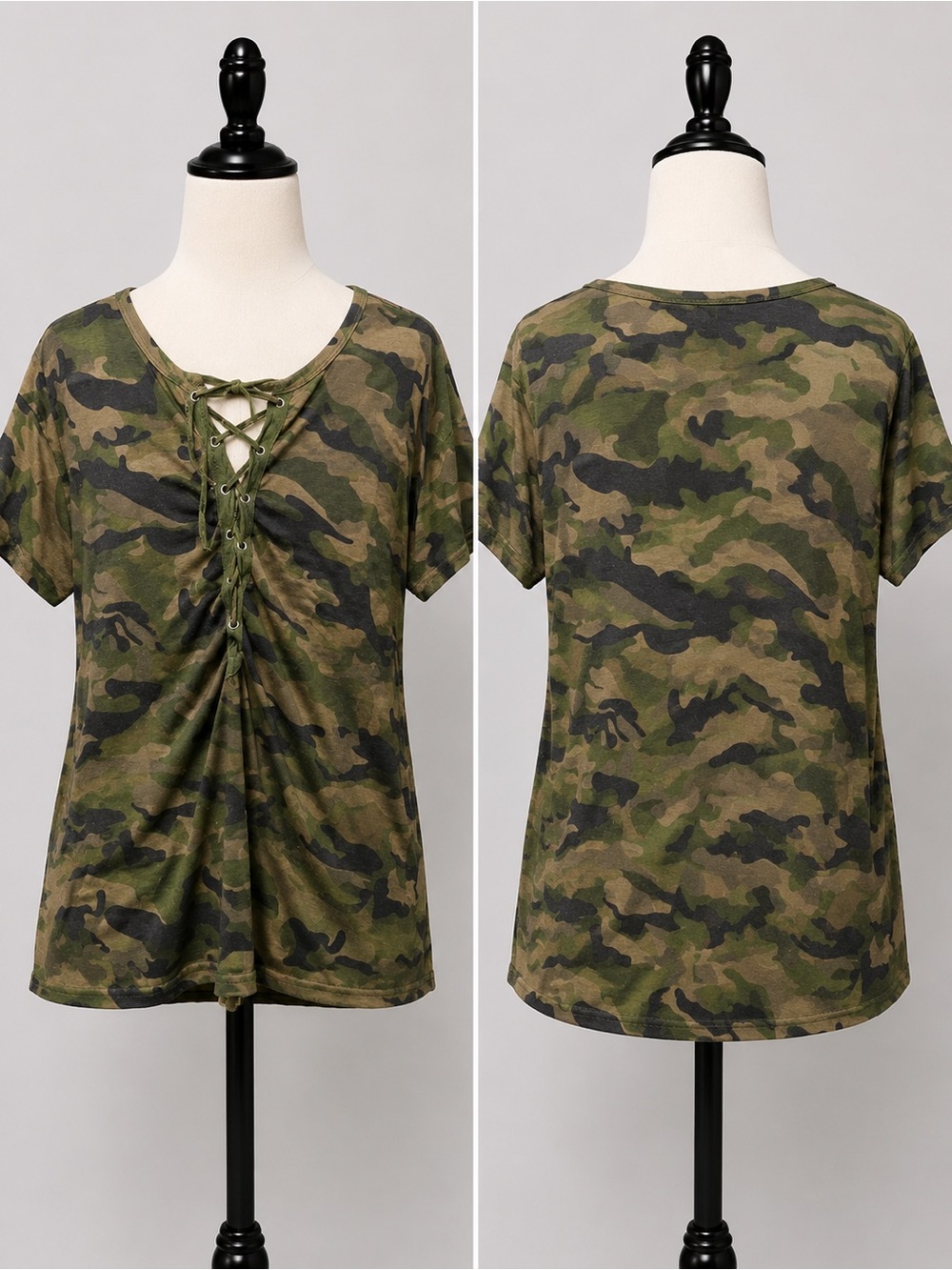 Lace-Up Camo Short Sleeve Top - Green Camo